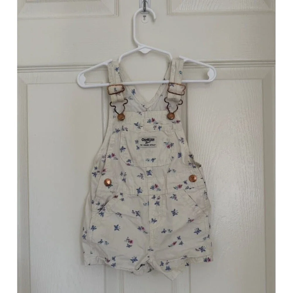 OshKosh B'gosh Floral Shortalls 18M Baby Girls White Cotton Overalls Romper